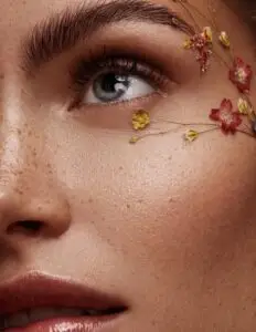 Крупним планом жіноче обличчя з чистою шкірою, веснянками та блискучими губами, з маленькими сухими квітами, художньо розташованими біля очей та скроні, що підкреслюють ефект ламінування брів та вій.