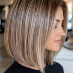 Професійна укладка: прямий блондинистий боб із шатушем, профільний ракурс, сучасний салон краси.