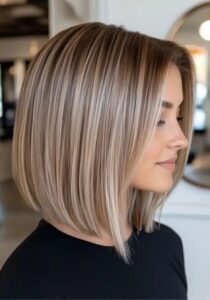 Блондинка із гладкою стрижкою боб та нюдовим фарбуванням AirTouch, профільно. Салонне укладання, акуратний вигляд.