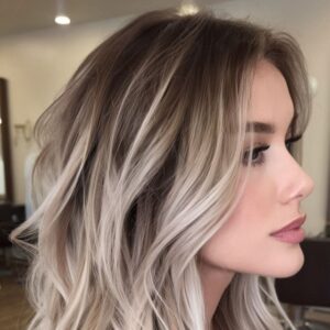 Жінка з довгим волоссям світло-русявого кольору з ефектом фарбування Балаяж. Природній колір обличчя і легкий макіяж підкреслюють молодість і свіжість. Фото зроблено в салоні краси на Сихові, м. Львів