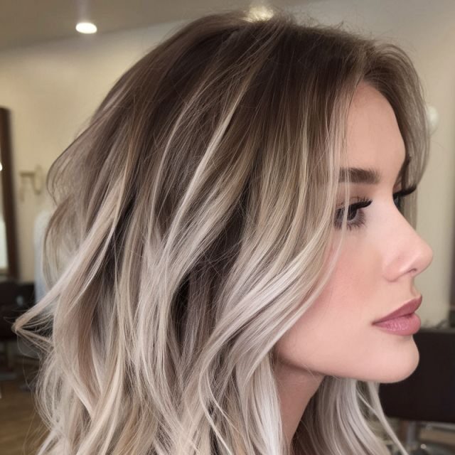 Жінка з довгим волоссям світло-русявого кольору з ефектом фарбування Балаяж. Природній колір обличчя і легкий макіяж підкреслюють молодість і свіжість. Фото зроблено в салоні краси на Сихові, м. Львів